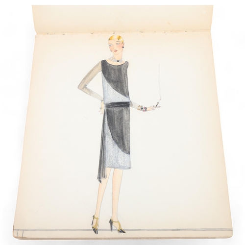 127 - An album of original 1927 watercolour fashion designs, unsigned, album size 24.5cm x 28cm