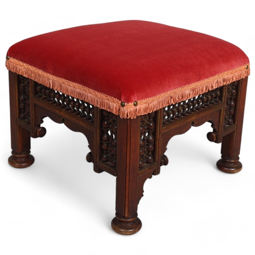 135 - Late 19th century Liberty Anglo-Moorish Cairo stool, with Mashrabiya turning and gilt-line detail, w... 