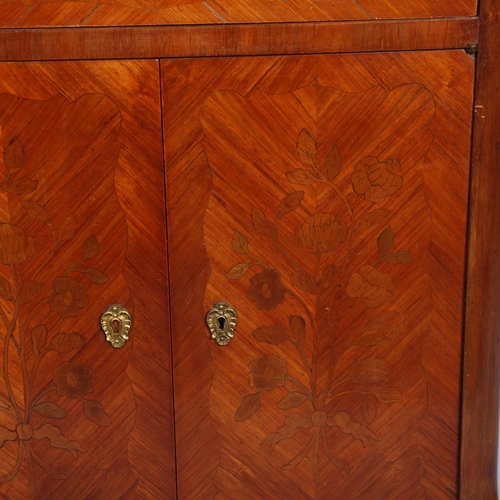 144 - A small French kingwood side cupboard, with marble top, frieze drawer and cupboards under, width 60c... 