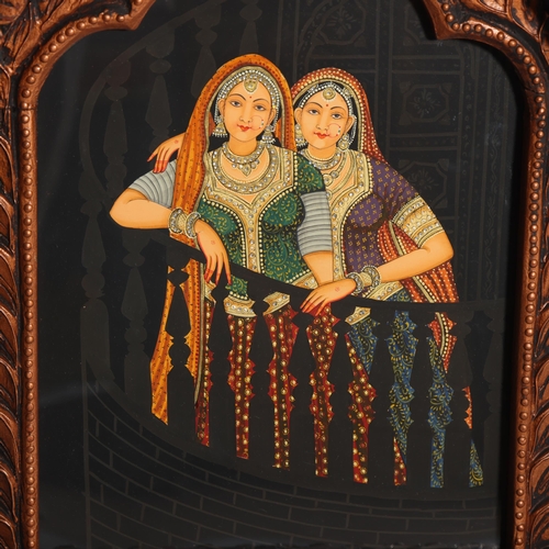 152 - Mid-20th century Indian gouache painting, depicting 2 brides on a balcony, with white sapphire mount... 