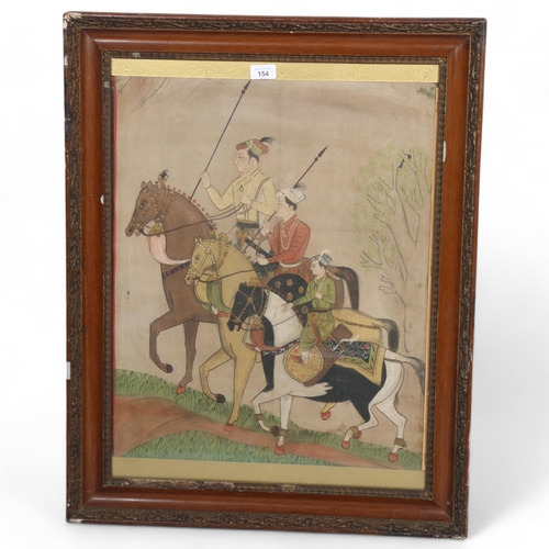 154 - Indian watercolour on paper, depicting huntsmen on horseback, in gesso frame, overall frame dimensio... 