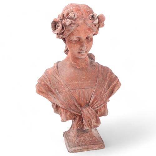 155 - A French terracotta bust of a Classical woman, height 46cm (A/F))