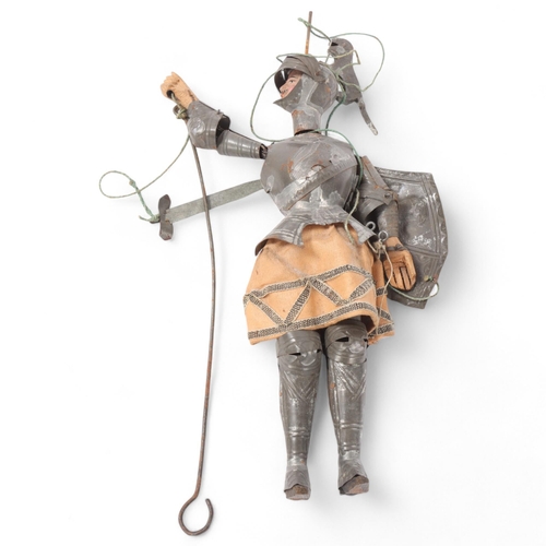 156 - Antique tinplate knight in armour puppet, height 27cm