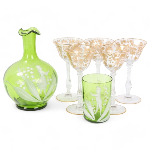 158 - A set of 5 gilded glasses, circa 1900, height 15cm, together with a Mary Gregory green glass carafe ... 