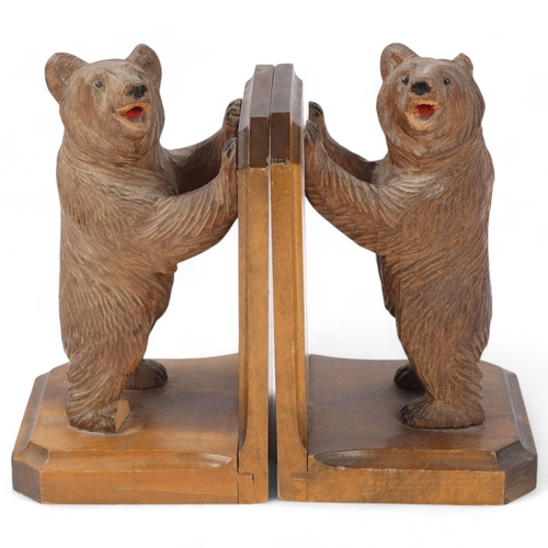 161 - Pair of Black Forest carved wood standing bear design bookends, height 16cm