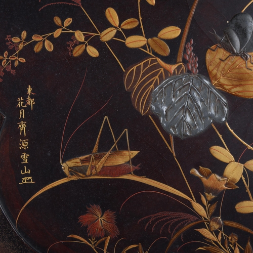 73 - A Japanese gilded and lacquered tray of lobed form, Meiji Period circa 1900, depicting locust and wi... 