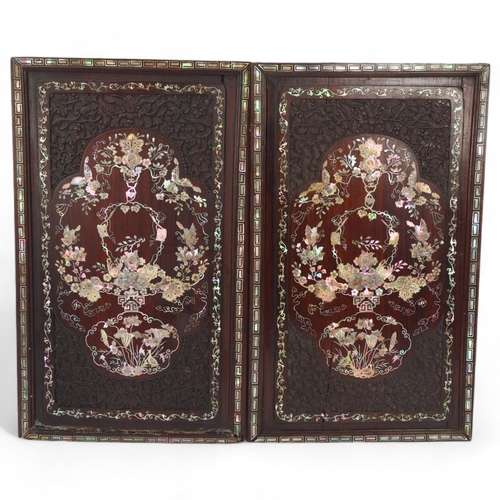 76 - Pair of highly detailed 19th century Chinese rosewood panels, intricate inlaid mother-of-pearl decor... 