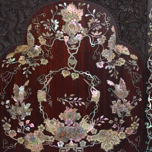 76 - Pair of highly detailed 19th century Chinese rosewood panels, intricate inlaid mother-of-pearl decor... 