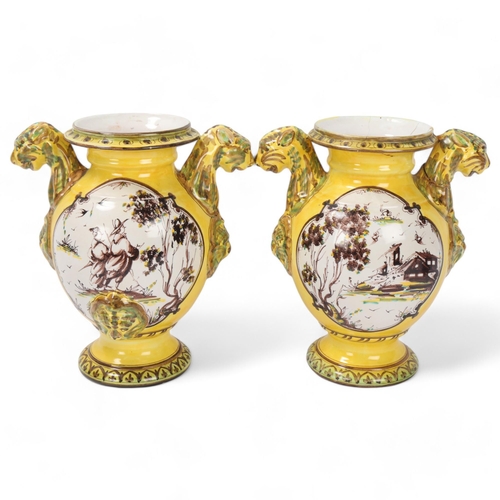 80 - Pair of early 19th century Italian Maiolica jars, decorated with manganese yellow and copper green, ... 