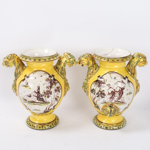 80 - Pair of early 19th century Italian Maiolica jars, decorated with manganese yellow and copper green, ... 