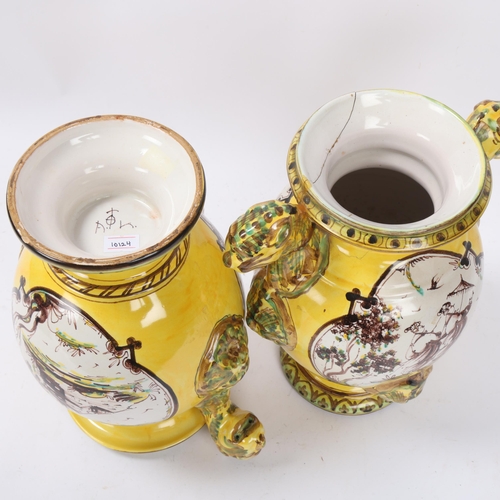 80 - Pair of early 19th century Italian Maiolica jars, decorated with manganese yellow and copper green, ... 