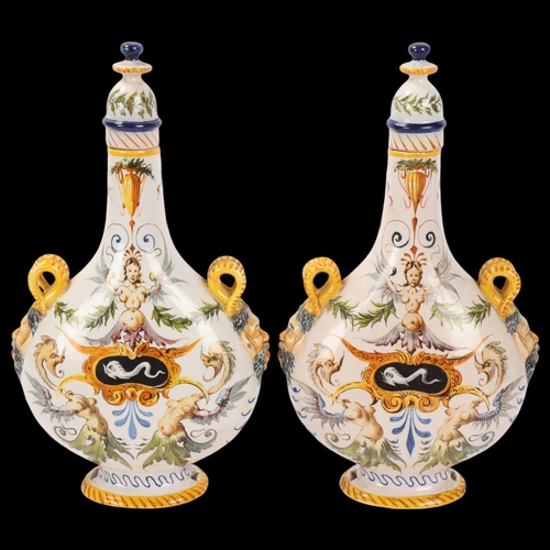 81 - Pair of Ginori late 19th century Italian Maiolica pilgrim flasks, each with satyr masks to the shoul... 