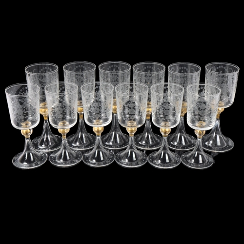 83 - 2 sets of 6 Venetian wine glasses, each with engraved bowls, gilt knopped stem and trumpet foot, tal... 