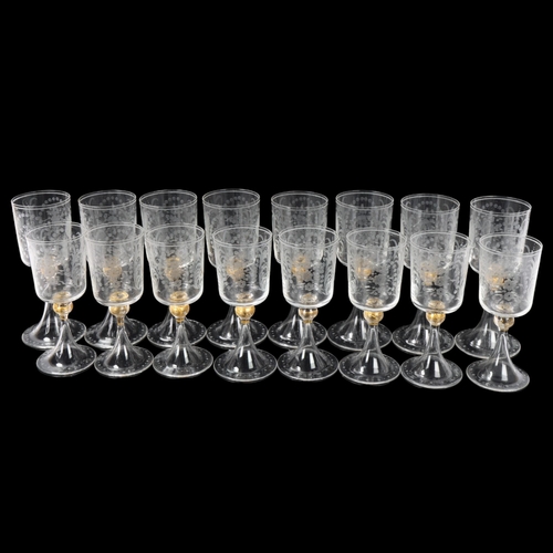 84 - 2 sets of 8 Venetian wine glasses, each with engraved bowl, gilt knopped stem and trumpet foot, tall... 