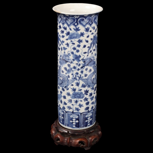 96 - 19th century Chinese blue and white porcelain cylinder vase, with dragon design, 4 character mark, o... 