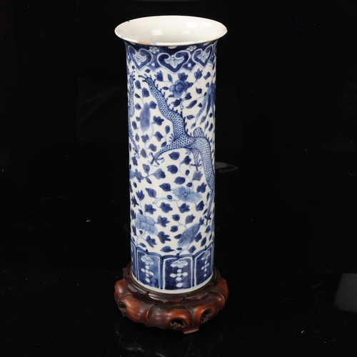 96 - 19th century Chinese blue and white porcelain cylinder vase, with dragon design, 4 character mark, o... 