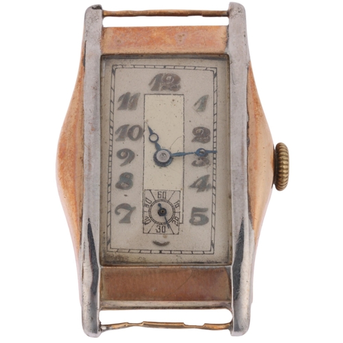 1047 - An Art Deco 9ct two-colour gold mechanical wristwatch head, circa 1930s, rectangular silvered dial w... 