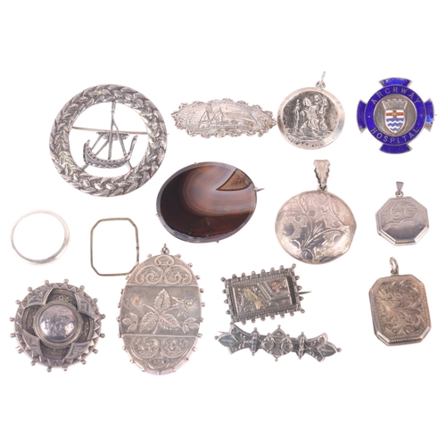 1692 - Various silver jewellery, including Victorian Aesthetic Movement bird brooch, locket pendants, etc