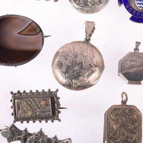 1692 - Various silver jewellery, including Victorian Aesthetic Movement bird brooch, locket pendants, etc