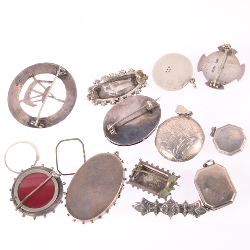 1692 - Various silver jewellery, including Victorian Aesthetic Movement bird brooch, locket pendants, etc