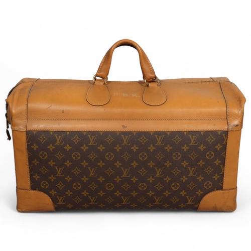 169 - LOUIS VUITTON - Gladstone style bag with monogrammed fabric and tan leather, circa 1980s, brown cott... 