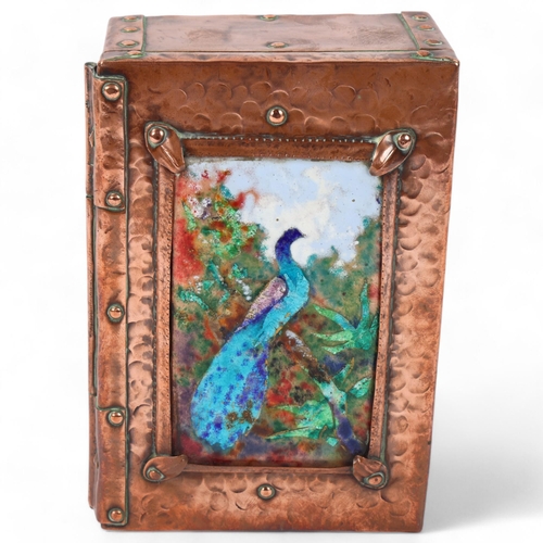 180 - A 19th century Arts and Crafts handmade copper covered box, with enamel top panel depicting peacock,... 