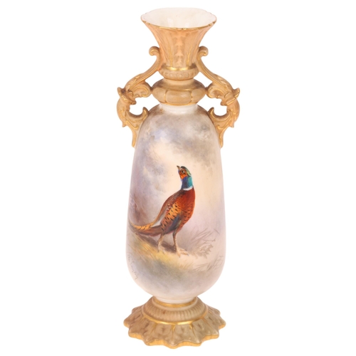 182 - A Royal Worcester Chinaworks vase, hand painted by James Stinton with pheasant front and trees to re... 