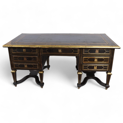 183 - A Louis XIV design Bureau Mazarin or pedestal desk, ebonised and inlaid all over with geometric line... 