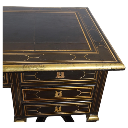 183 - A Louis XIV design Bureau Mazarin or pedestal desk, ebonised and inlaid all over with geometric line... 