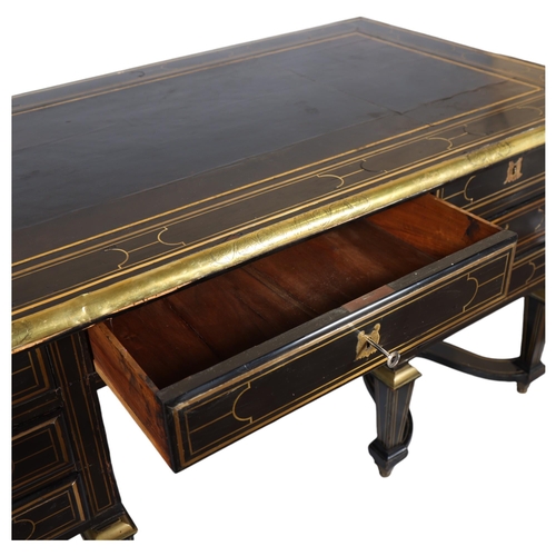 183 - A Louis XIV design Bureau Mazarin or pedestal desk, ebonised and inlaid all over with geometric line... 