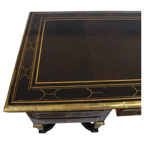 183 - A Louis XIV design Bureau Mazarin or pedestal desk, ebonised and inlaid all over with geometric line... 