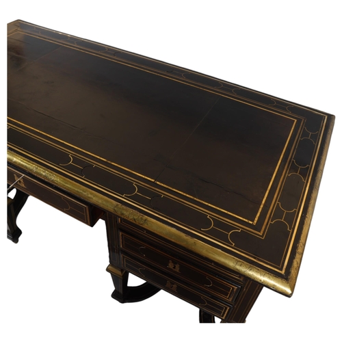 183 - A Louis XIV design Bureau Mazarin or pedestal desk, ebonised and inlaid all over with geometric line... 