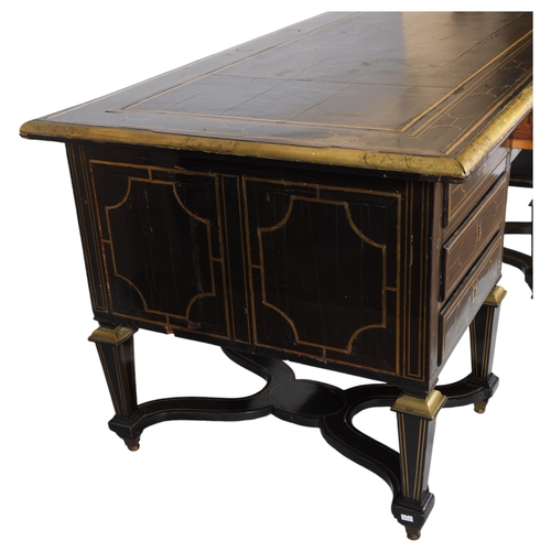 183 - A Louis XIV design Bureau Mazarin or pedestal desk, ebonised and inlaid all over with geometric line... 