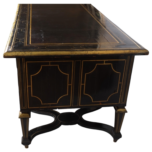 183 - A Louis XIV design Bureau Mazarin or pedestal desk, ebonised and inlaid all over with geometric line... 