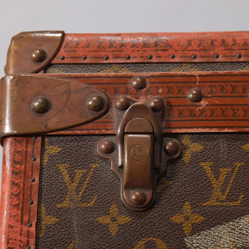 165 - LOUIS VUITTON - hard suitcase/trunk with monogram fabric cover and straps to edges and brass mounts ... 