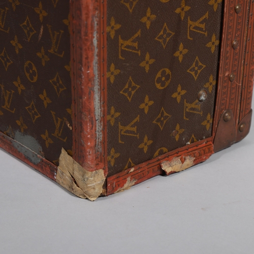 165 - LOUIS VUITTON - hard suitcase/trunk with monogram fabric cover and straps to edges and brass mounts ... 