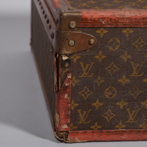 165 - LOUIS VUITTON - hard suitcase/trunk with monogram fabric cover and straps to edges and brass mounts ... 