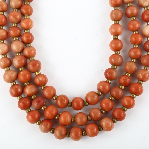 1278 - An Antique triple-strand quartzite bead necklace, with gilt-metal cannetille clasp, bead diameter 11... 