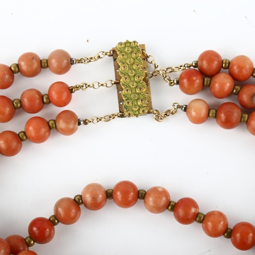 1278 - An Antique triple-strand quartzite bead necklace, with gilt-metal cannetille clasp, bead diameter 11... 