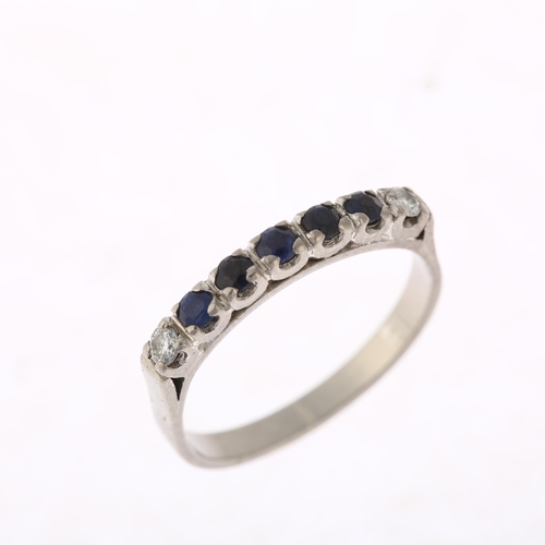 1382 - A mid-20th century 9ct white gold seven stone sapphire and diamond half hoop ring, set with round-cu... 