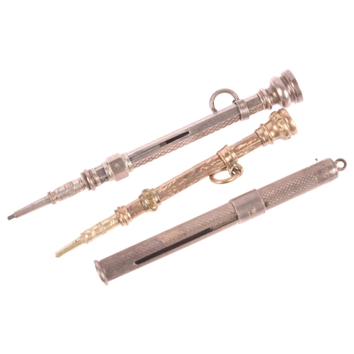 1555 - A 19th century gold plated propelling pencil, sterling silver toothpick, and another silver propelli... 