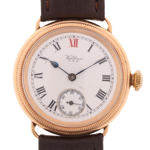 1019 - WALTHAM - an Antique 9ct rose gold Officer's style Borgel mechanical wristwatch, circa 1920s, white ... 