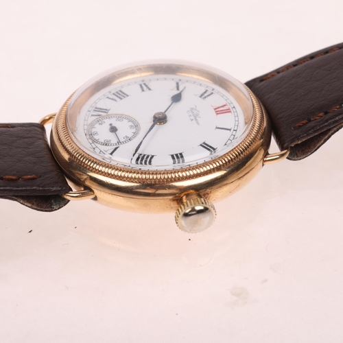 1019 - WALTHAM - an Antique 9ct rose gold Officer's style Borgel mechanical wristwatch, circa 1920s, white ... 