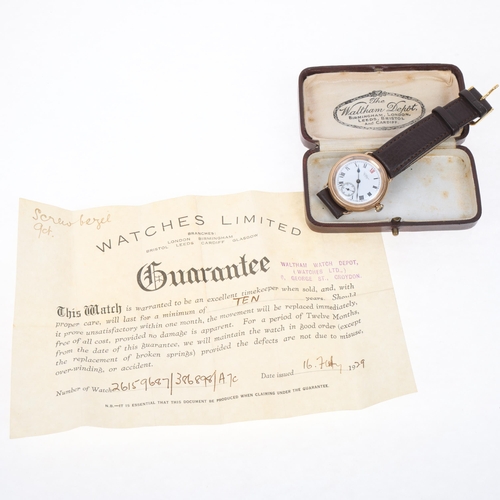 1019 - WALTHAM - an Antique 9ct rose gold Officer's style Borgel mechanical wristwatch, circa 1920s, white ... 