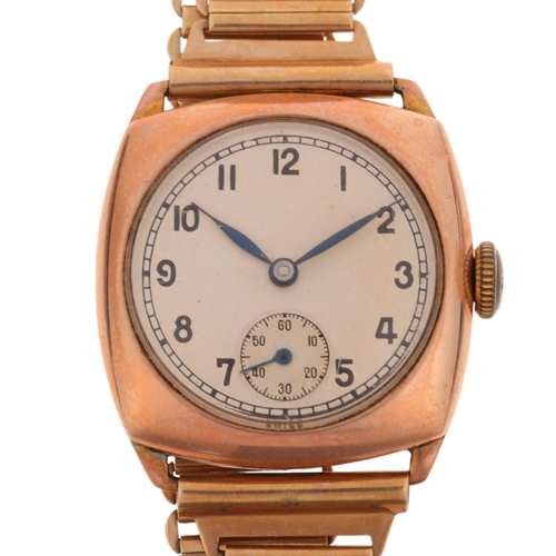 1020 - A Second World War Period 9ct rose gold cushion-cased mechanical bracelet watch, circa 1940s, silver... 