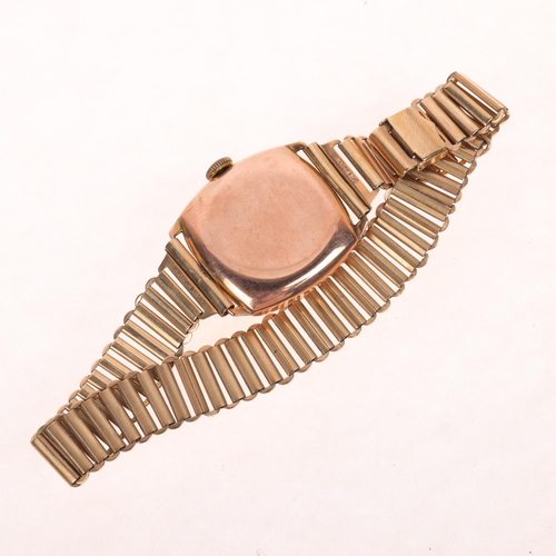 1020 - A Second World War Period 9ct rose gold cushion-cased mechanical bracelet watch, circa 1940s, silver... 