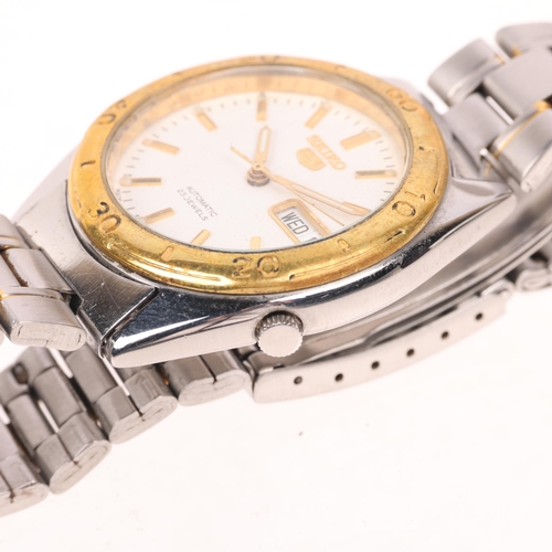 1028 - SEIKO 5 - a gold plated stainless steel automatic day/date bracelet watch, ref. 7S36-3250, white dia... 