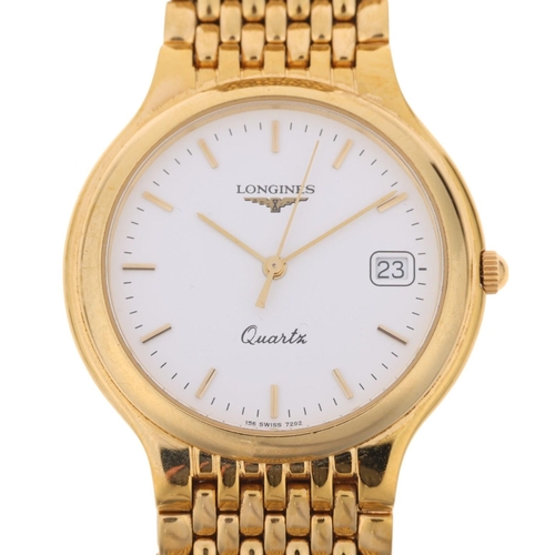 1030 - LONGINES - a gold plated stainless steel Flagship quartz calendar bracelet watch, ref. 7292, white d... 