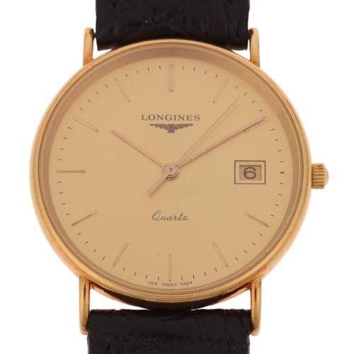 1032 - LONGINES - an 18ct gold quartz calendar wristwatch, ref. 7024-156, circa 1990s, champagne dial with ... 