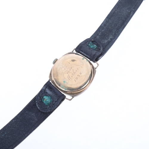 1042 - COROCRAFT - a 9ct gold cushion cased mechanical wristwatch, circa 1930s, champagne dial with black p... 